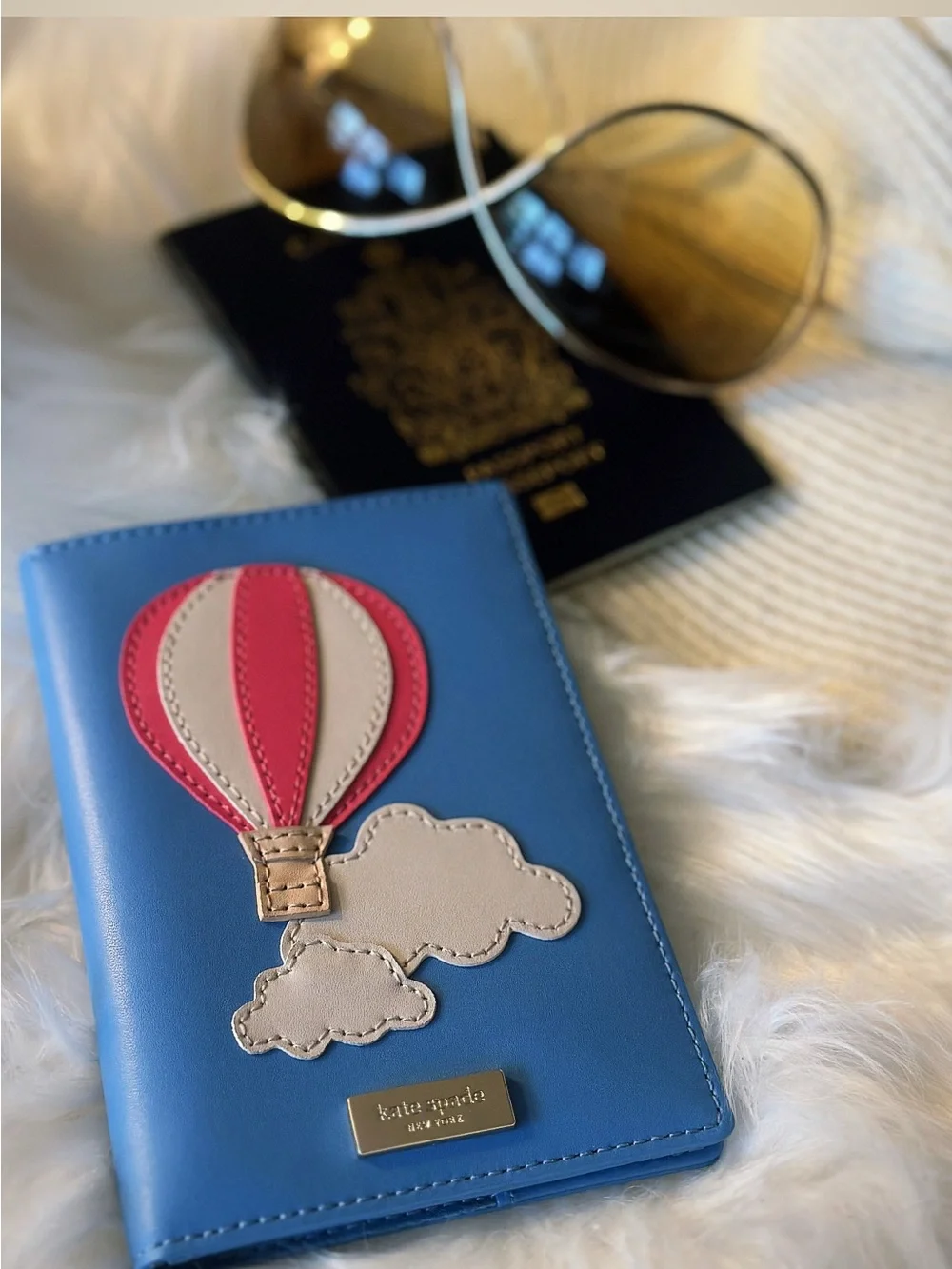 Kate Spade “Get Carried Away” Hot Air Balloon Passport Holder ✈️ Blue Leather - Picture 2 of 7
